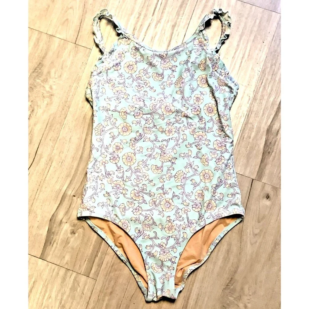 Crewcuts Swimsuit Size 14 J Crew Girls Kids Blue Pink Floral Ruffle One Piece